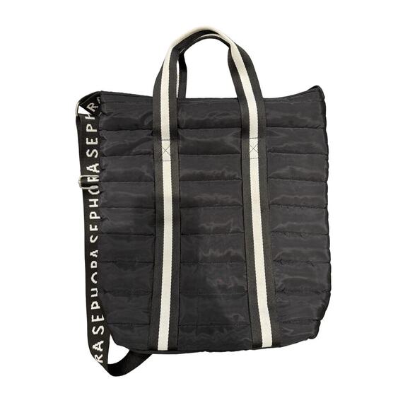 Sephora Black Quilted Nylon Logo Strap Puffer Crossbody Travel Bag Purse - Picture 2 of 5